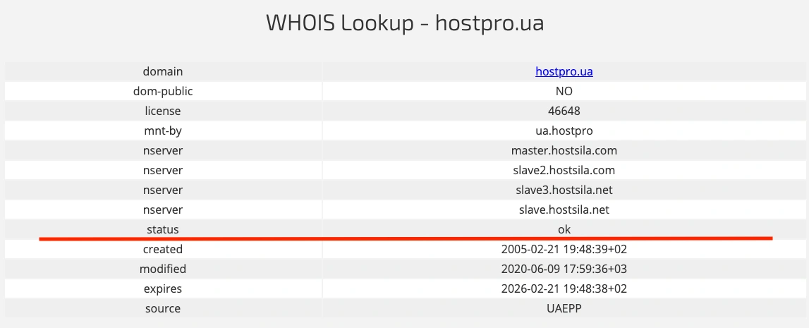 Статус домену "ОК" або "autoRenewGracePeriod" WHOIS Lookup - hostpro.ua