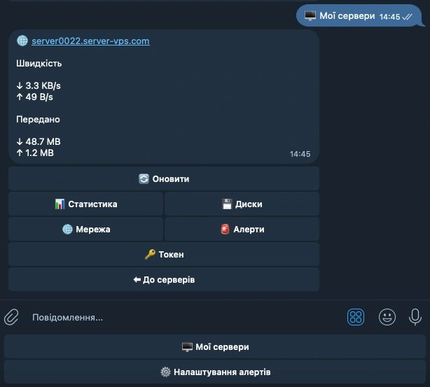 Отчет о сетевой активности вашего сервера в Telegram-боте HostPro.