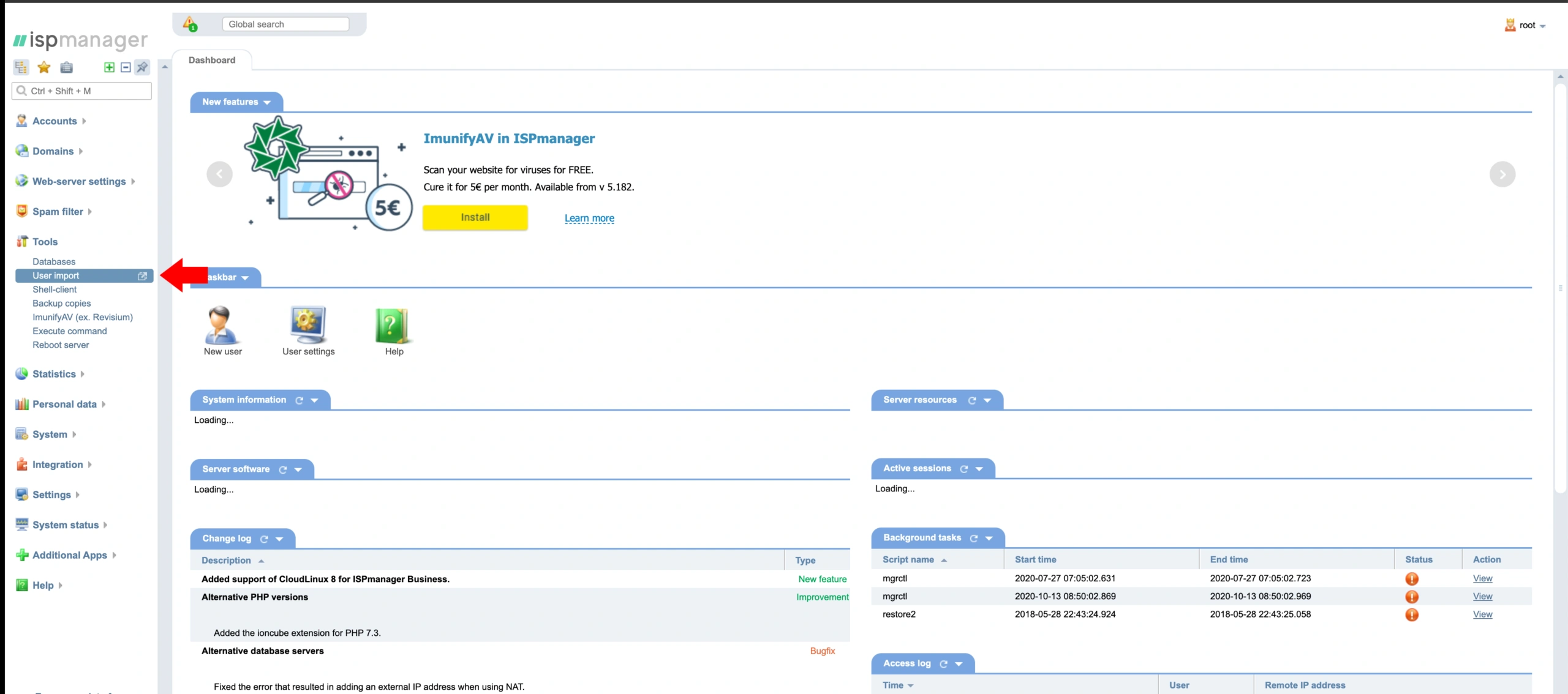Панель управления ISP - раздел User Import. Перенос сайта