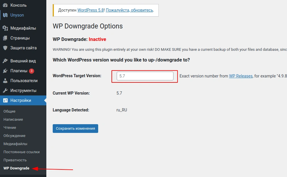 Настройка WP Downgrade