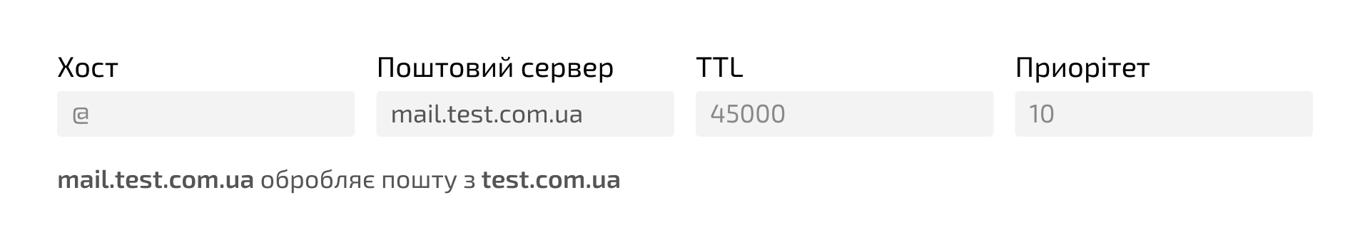 Приклад MX-запису, що вказує на поштовий сервер, який приймає листи для корпоративного домену.