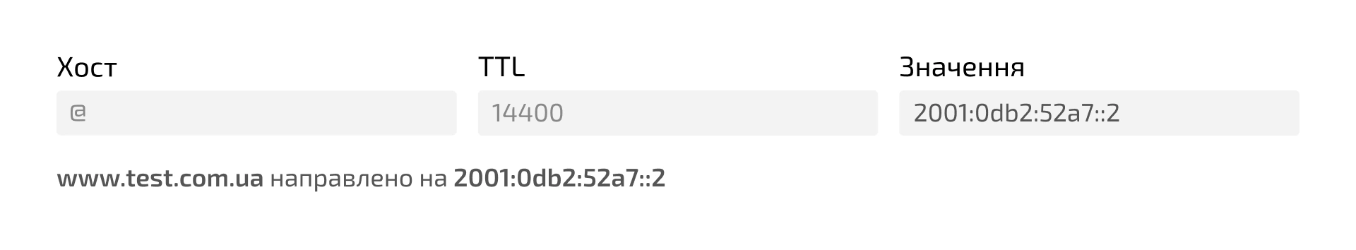 Приклад AAAA-запису, в якому вказано IPv6-адресу сайту.