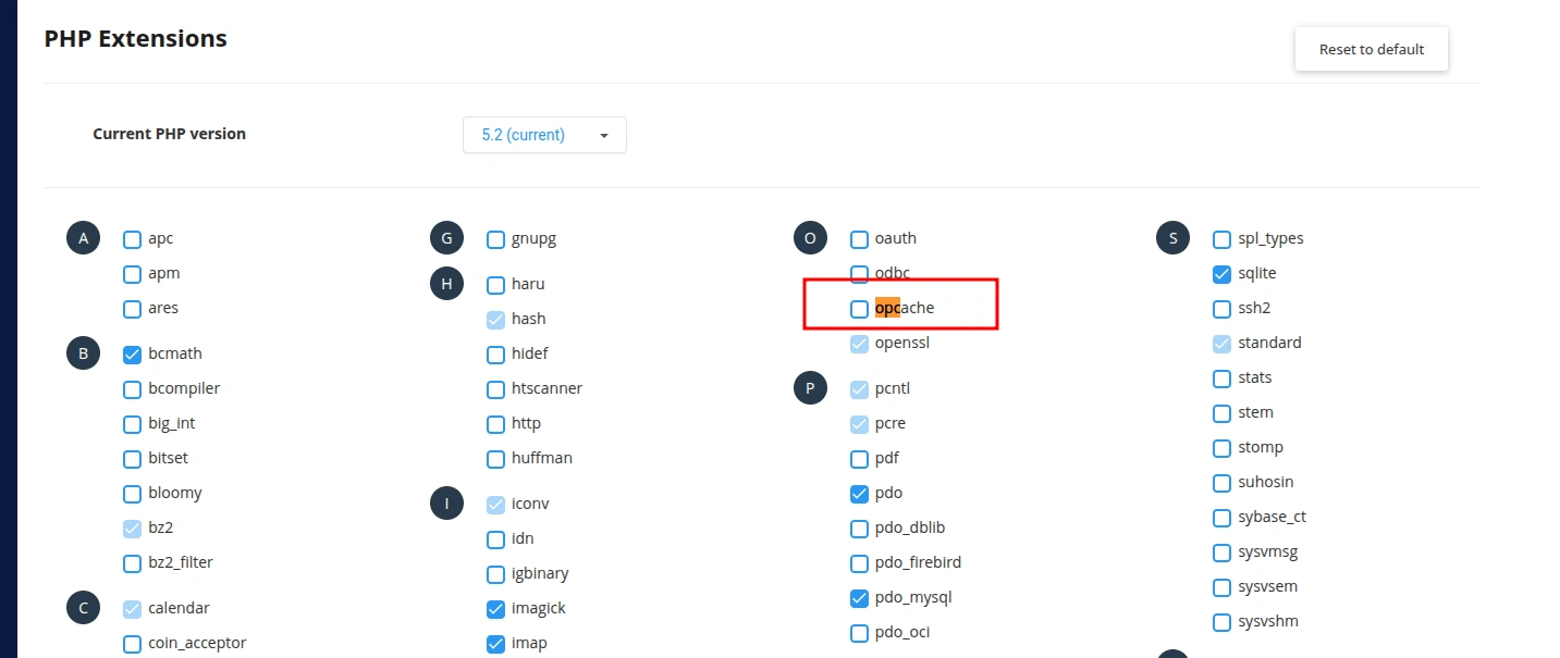 Добавление расширения OpCache в Select PHP Version.
