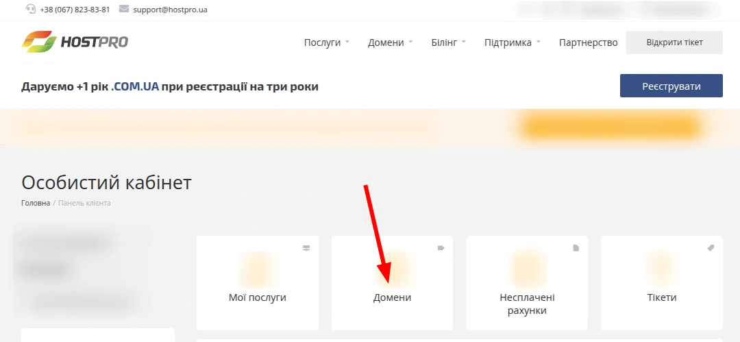 Управление доменами в Личном кабинете хостинга.