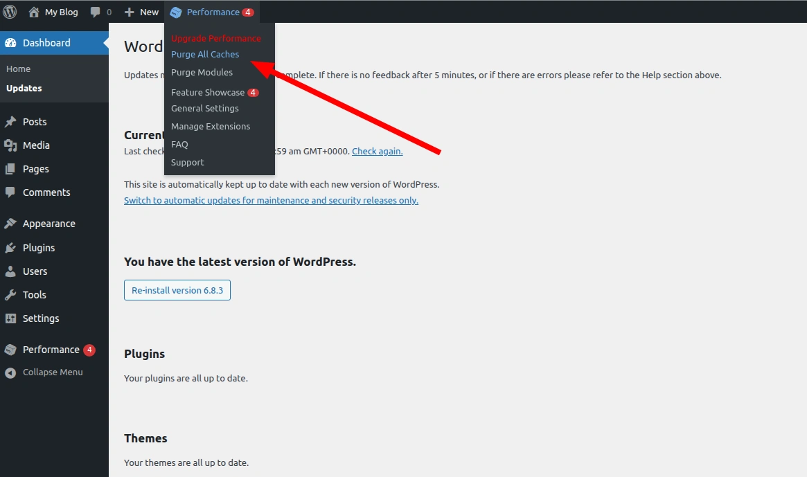 Очистка кэша на WP-сайте с помощью плагина W3 Total Cache. 