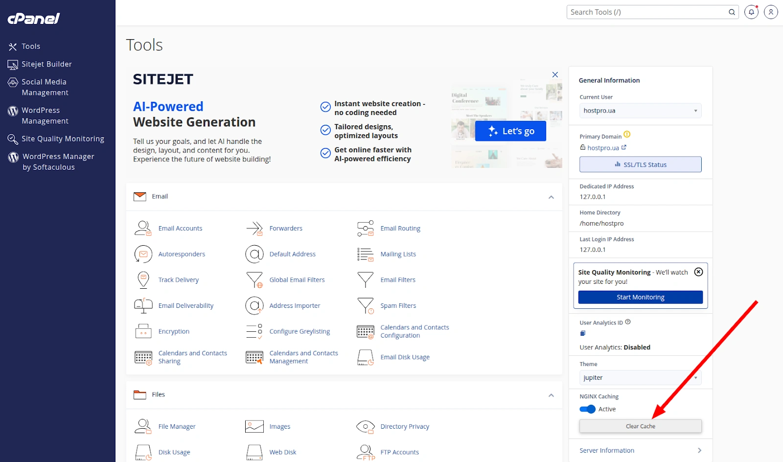 Очищення кешу вебсервера Nginx через панель управління хостингом.