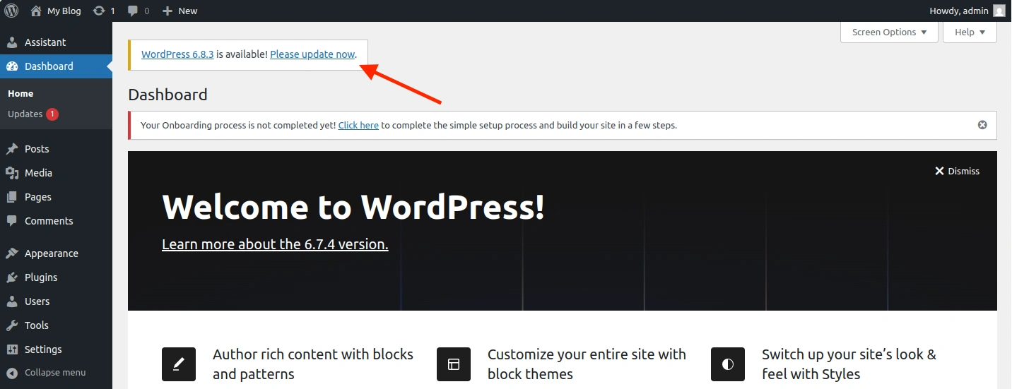 Оновлення версії вордпрес через його головну сторінку.