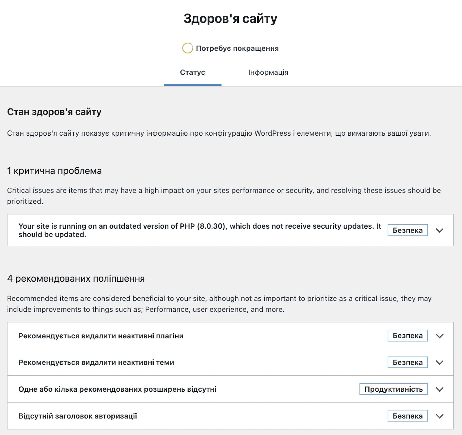 Перелік рекомендацій від WordPress щодо покращення продуктивності та безпеки сайту.