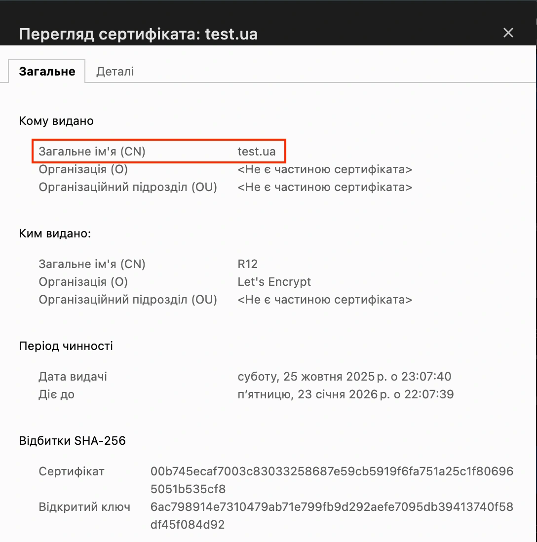 Назва компанії в описі SSL-сертифіката.