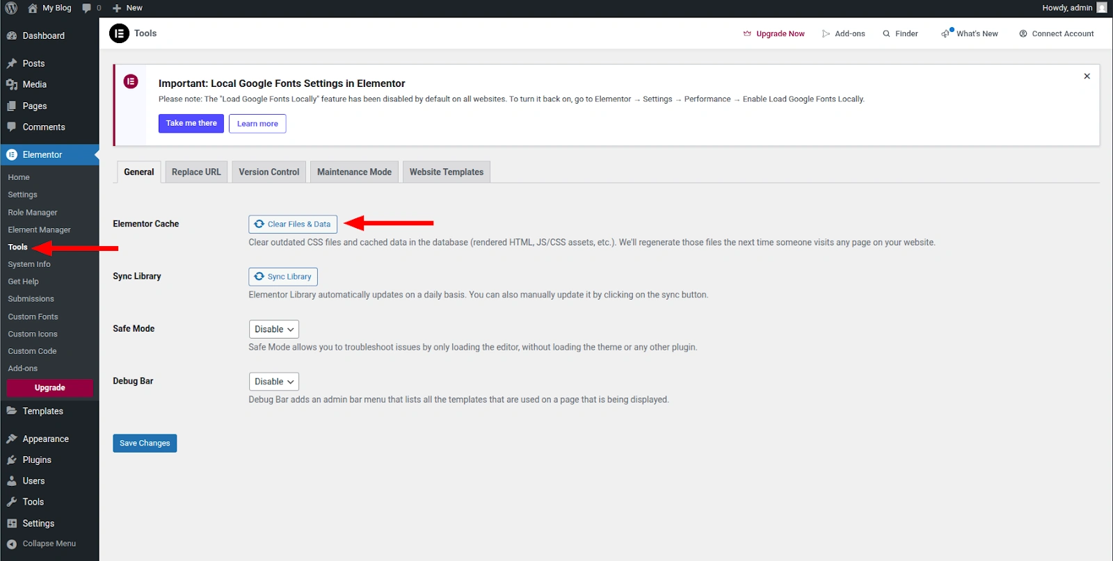 Очистка кэша конструктора Elementor через админку WordPress.