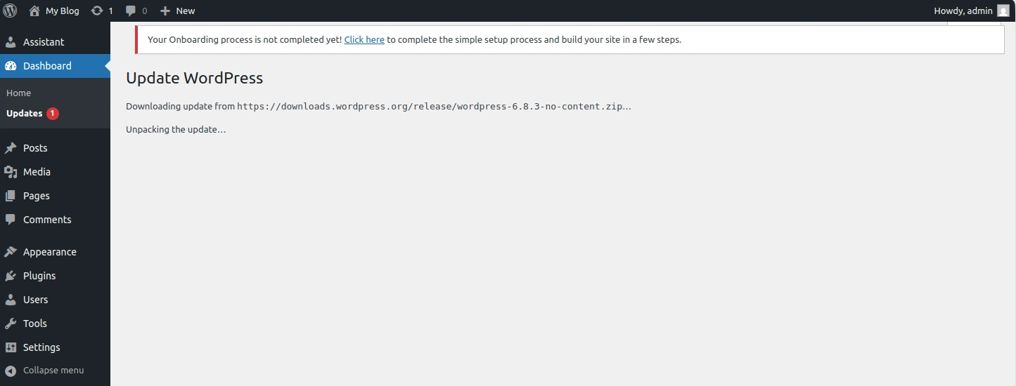 Процесс установки новой версии WordPress.