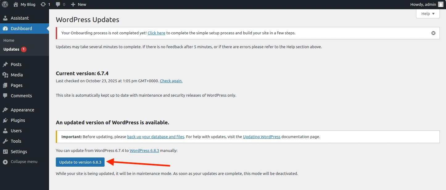 Проверка версии WordPress в разделе «Updates».