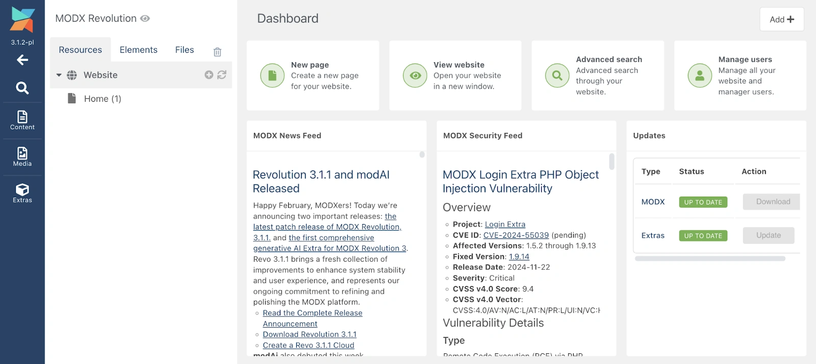 Вигляд кабінету адміністратора в CMS MODX