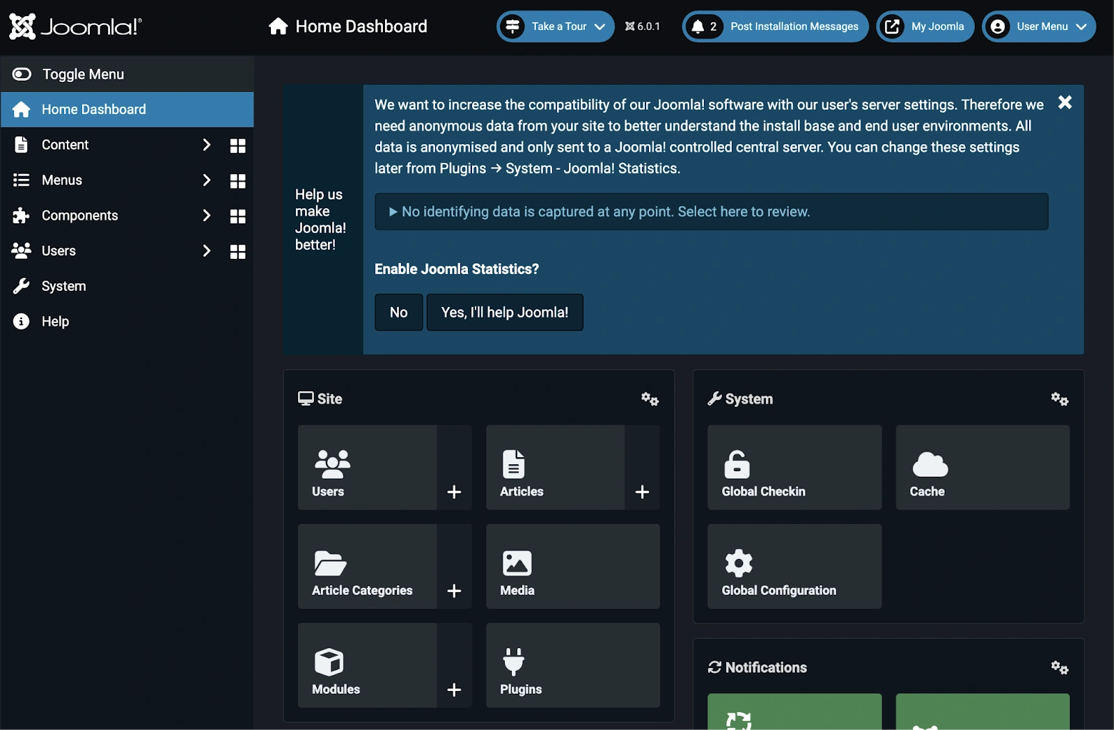 Головна сторінка адмінпанелі Joomla