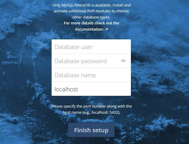 Данные созданной MySQL в ownCloud