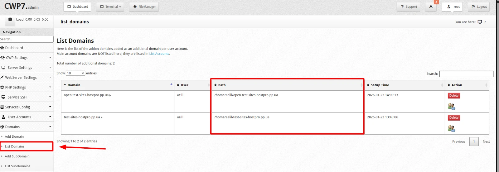 Відображення повних шляхів кореневих директорій додаткових доменів у акаунті CWP | Wiki HostPro