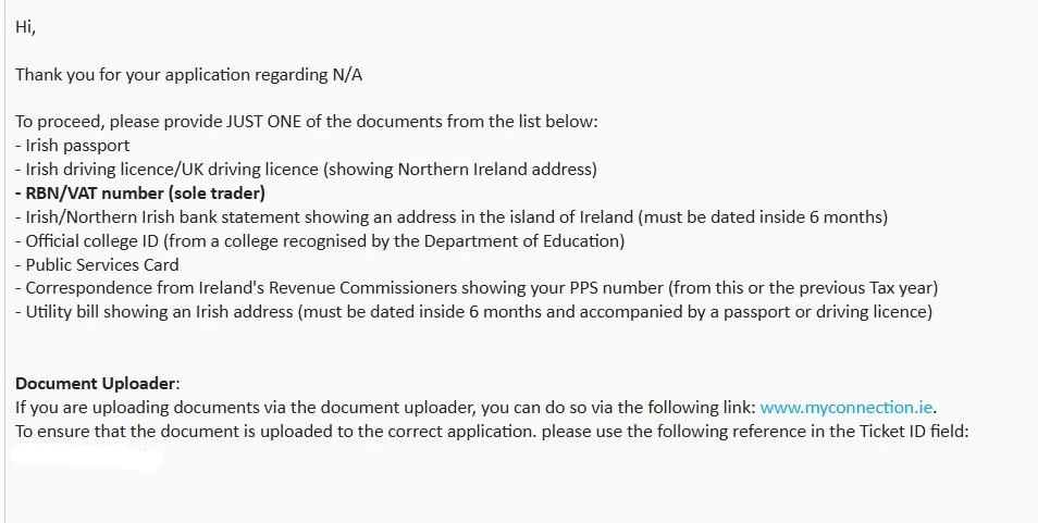 Письмо с перечнем необходимых документов для подтверждения связи с Ирландией, которое отправляет  регистратор доменной зоны .IE | Wiki HostPro