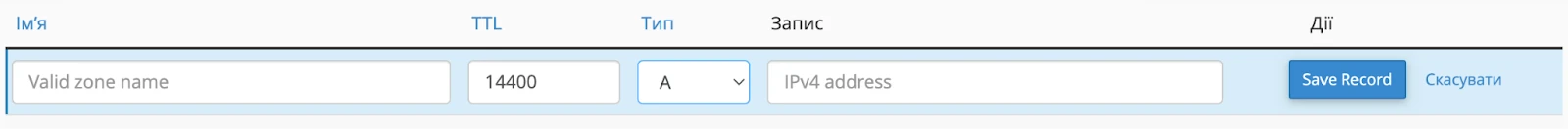 Типові поля A-запису в DNS