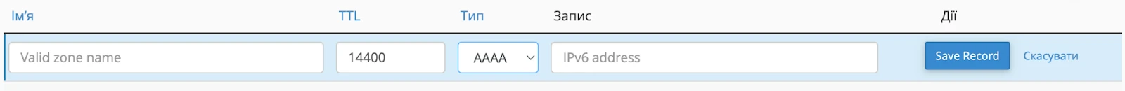 Приклад заповнення AAAA-запису
