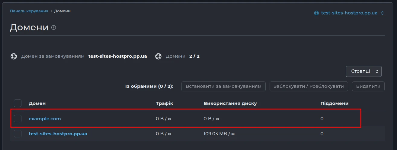 Новый добавленный домен в директ админ | Wiki HostPro